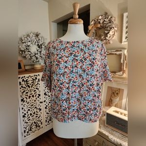 LOFT Cropped Floral Ruffle Sleeve Blouse Size Large NWT